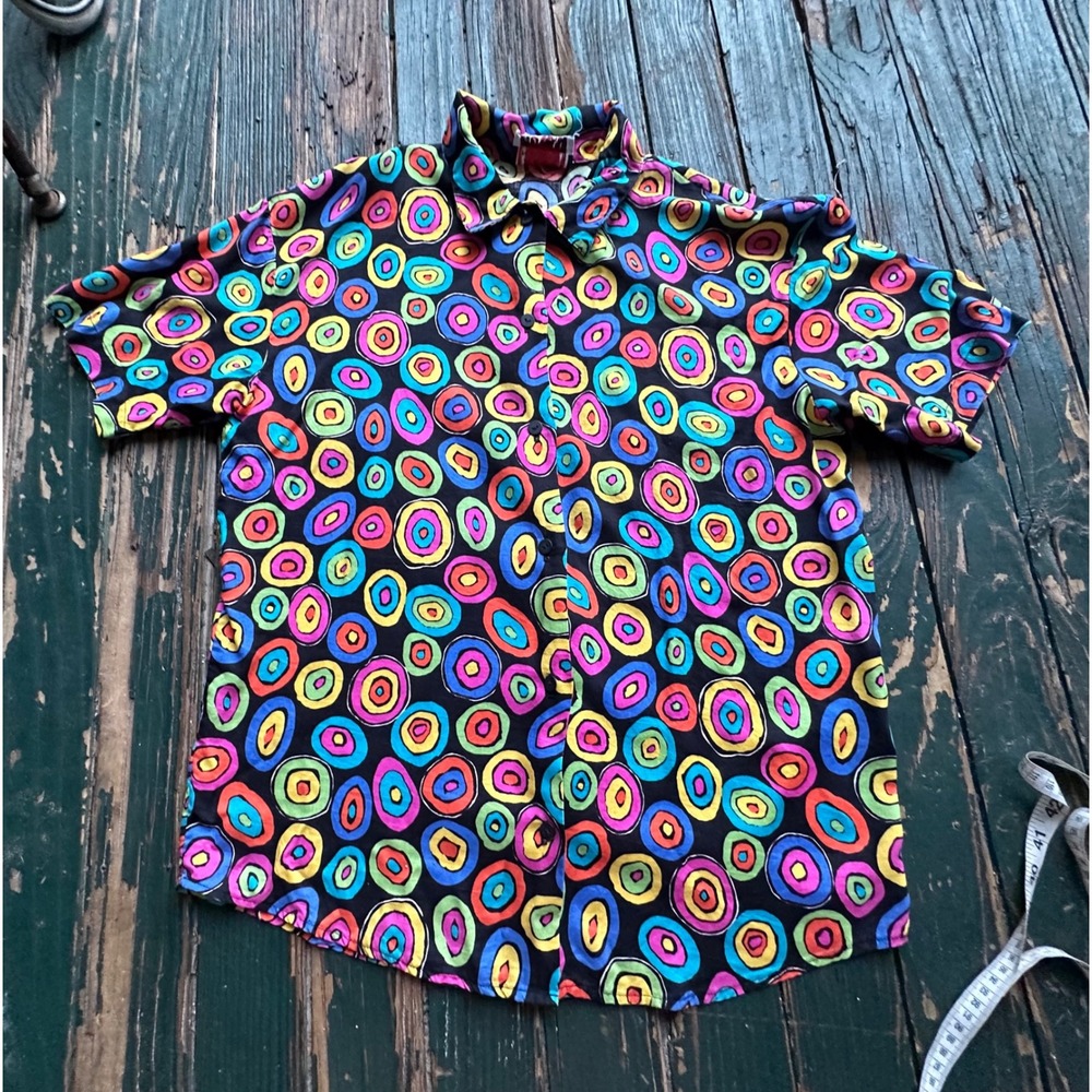 Sandra Ingrish Sport Vintage 90s Multi Color Circle Print Button Down Shirt L